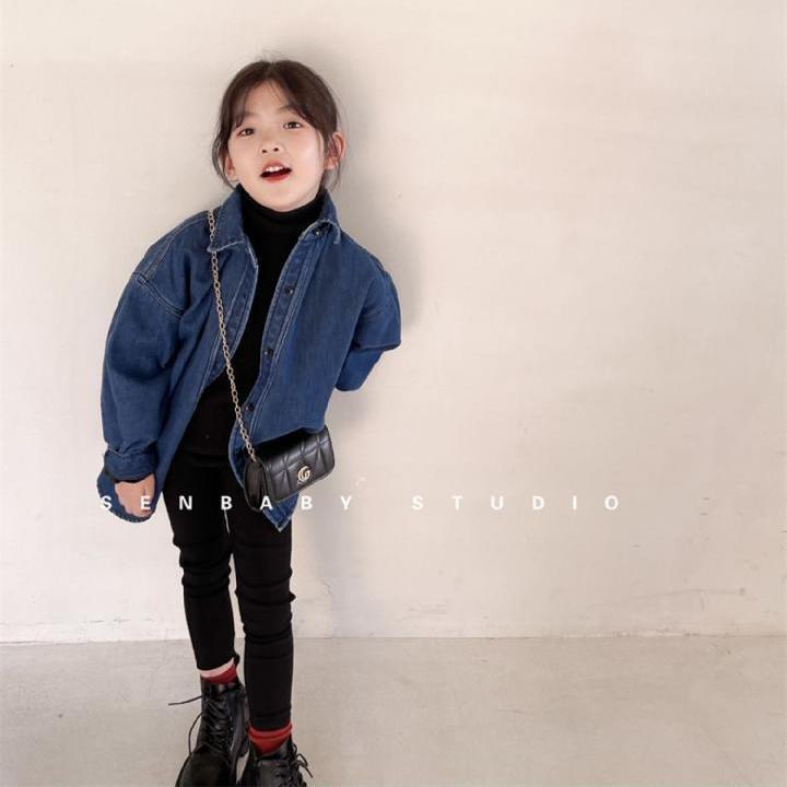 Children's clothing children's coat winter plus velvet thickened denim top girls design sense mid-length shirt warm coat