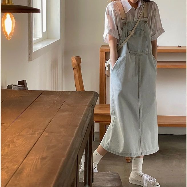 Pure color denim suspender skirt women's summer new Korean version loose and age-reducing small man mid-length straight dress