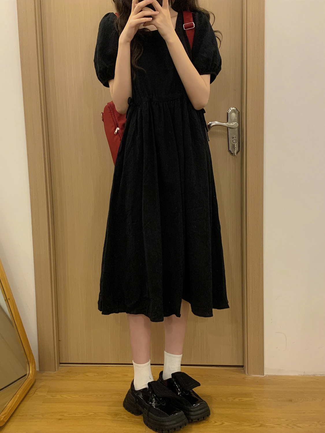 College style sweet age-reducing puff sleeve dress female student summer high waist drawstring slim mid-length A-line skirt