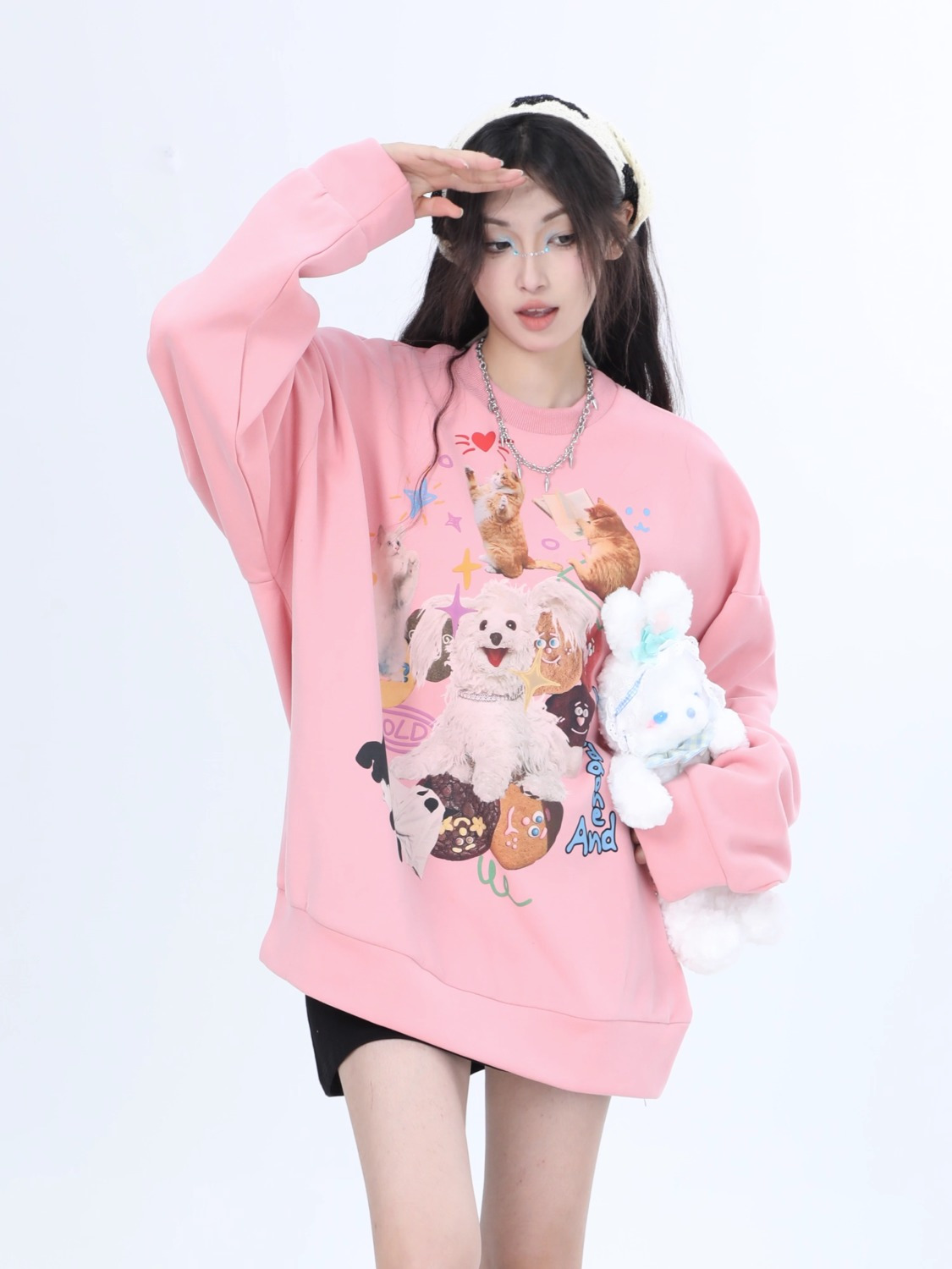 100%純棉甜美卡通印花圓領衛衣女秋冬季新款慵懶風中長款上衣ins
