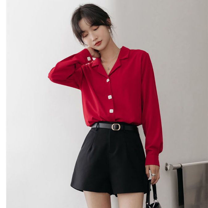 韩版短袖衬衫女设计感小众韩风chic上衣夏新款西装领衬衣长袖