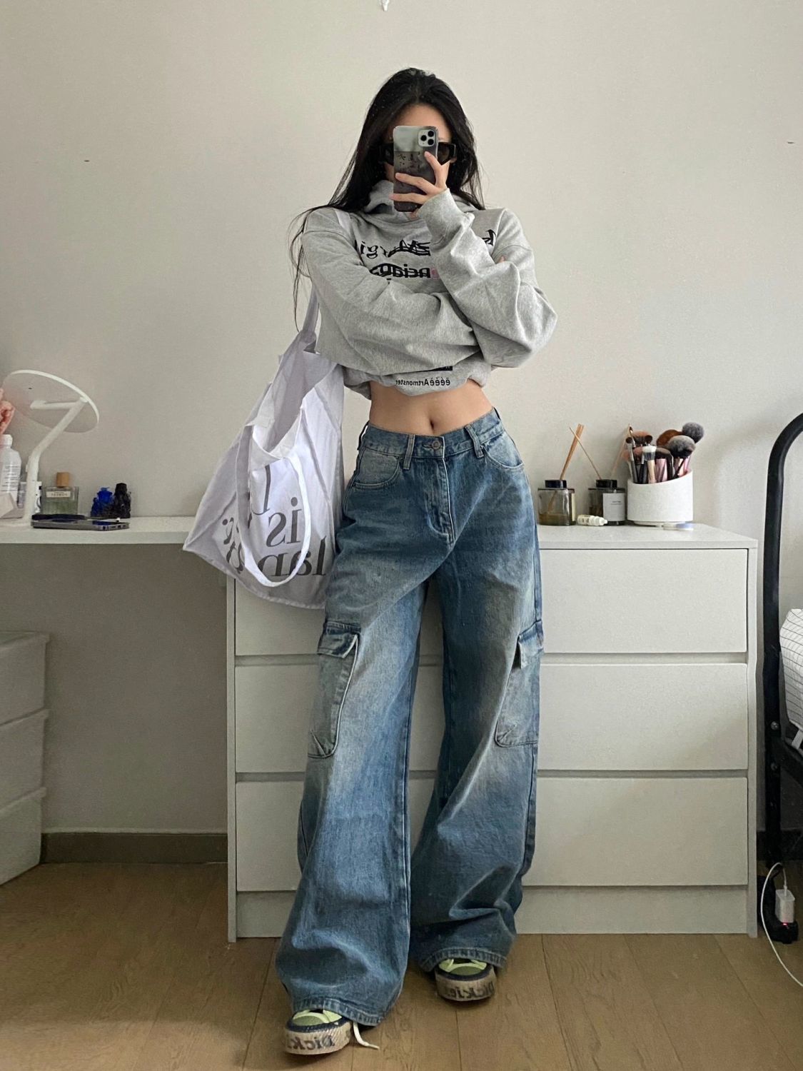 美式設計感小眾韓版高腰工裝牛仔褲女秋季新藍色寬鬆顯瘦拖地長褲