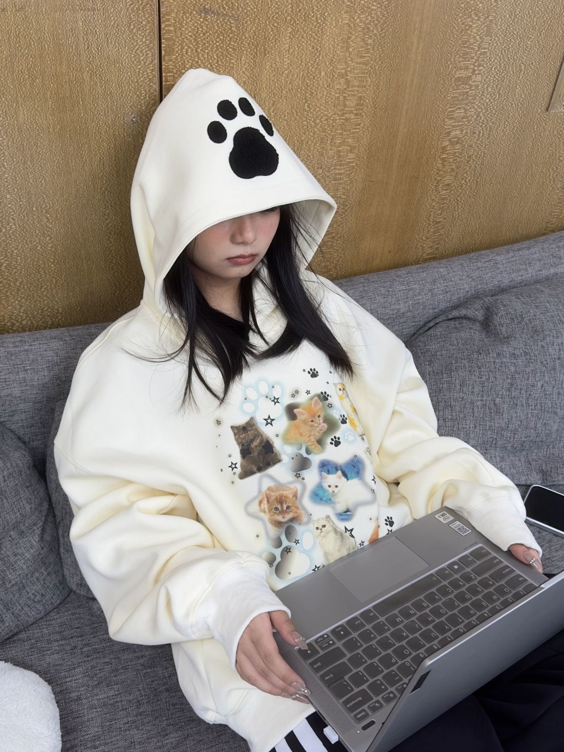美式復古可愛貓咪印花連帽衛衣慵懶寬鬆情侶春秋季設計感貓爪帽衫