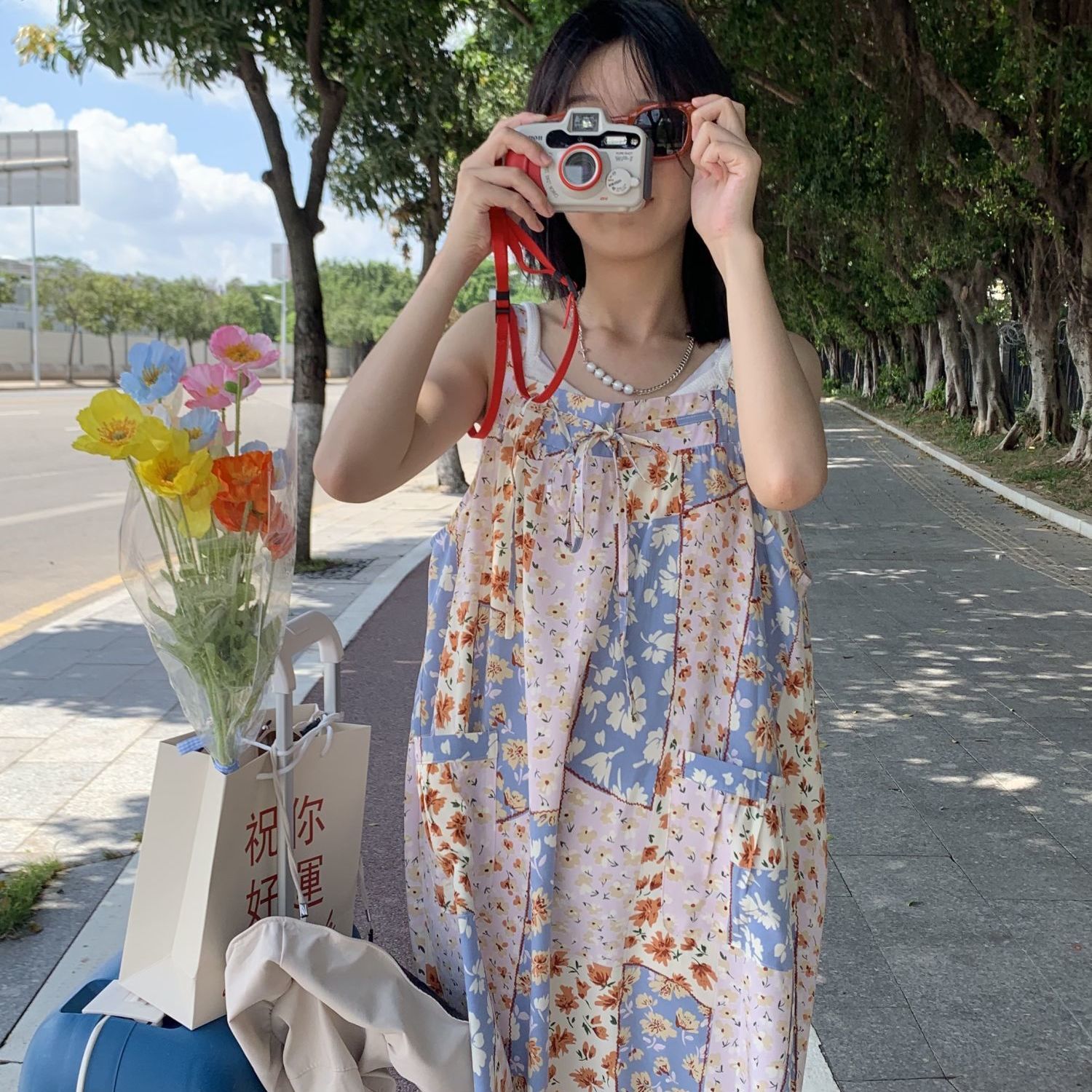 American retro mosaic floral mid-length suspender dress  summer small fresh first love dress female