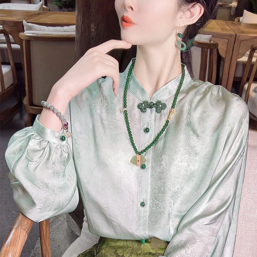 髒染炒色真絲綠色桑蠶絲上衣女早秋復古盤扣新中式長袖襯衫