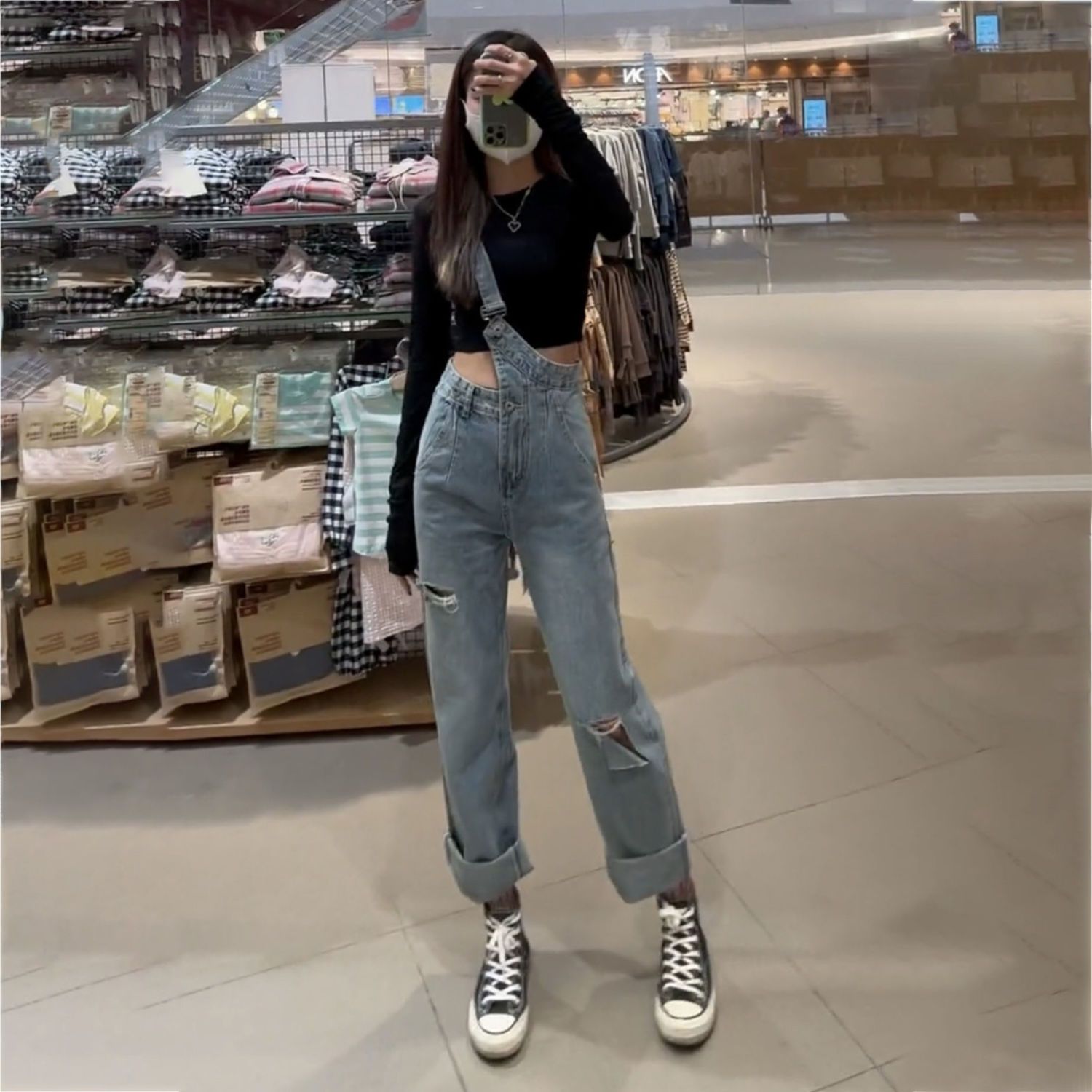 One shoulder shoulder shoulder strap straight tube jeans with irregular holes women's spring and summer 2022 high waist loose thin wide leg long pants