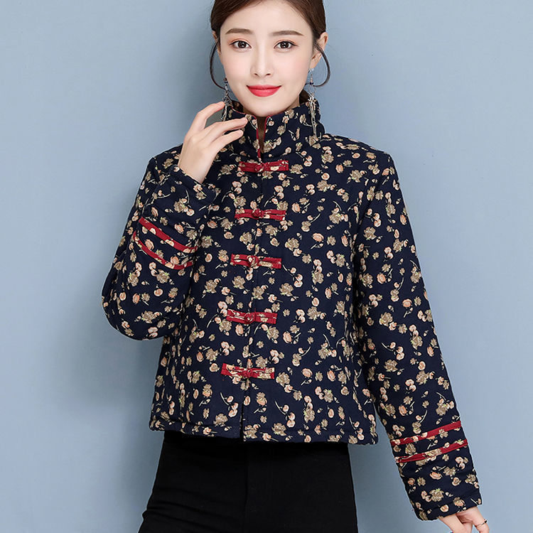 Tang suit floral small padded jacket Chinese style retro buckle warm jacket autumn and winter ethnic style padded thick cotton coat