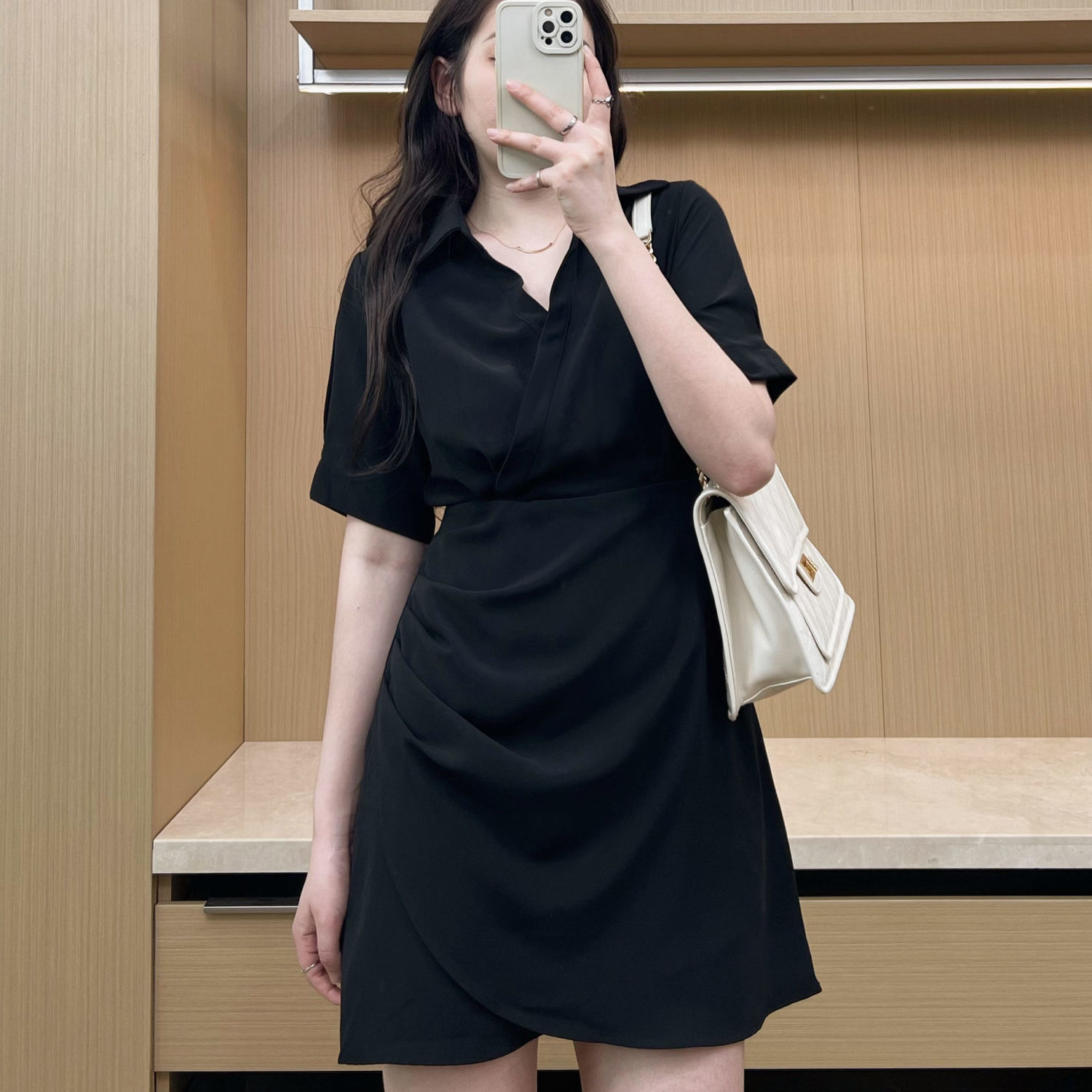Plus size women's black thin French dress 2022 summer waist-covering belly irregular shirt dress