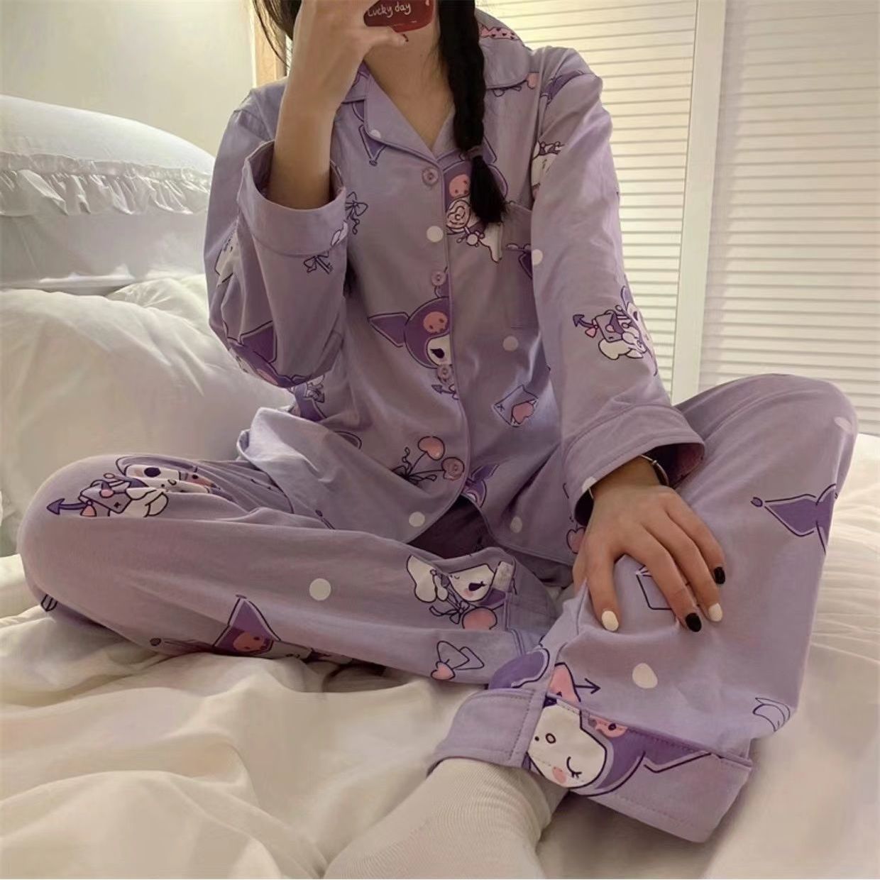 Pajamas female net red new spring and autumn long-sleeved cartoon anime purple Kuromi Japanese girl suit home clothes trend