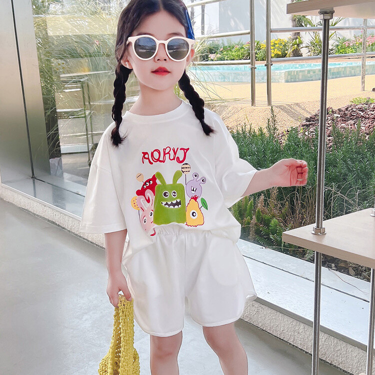 2023 New Girls' Children's Clothes Baby Girls Sweet and Cute Suit Summer Girls' Western-style Backless Short-sleeved Two-piece Set
