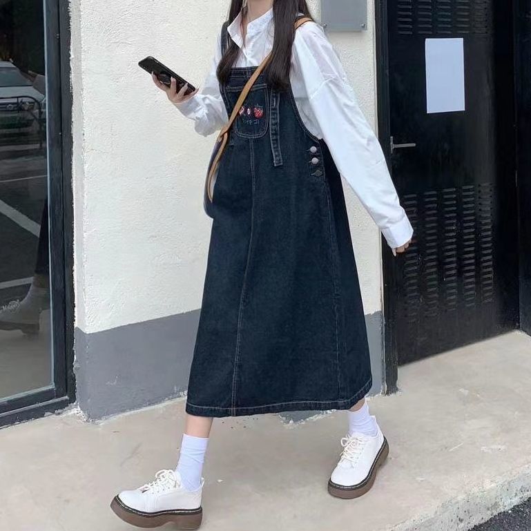 日系可愛牛仔背帶裙女設計感小眾氣質中長款裙子春季秋韓版連衣裙
