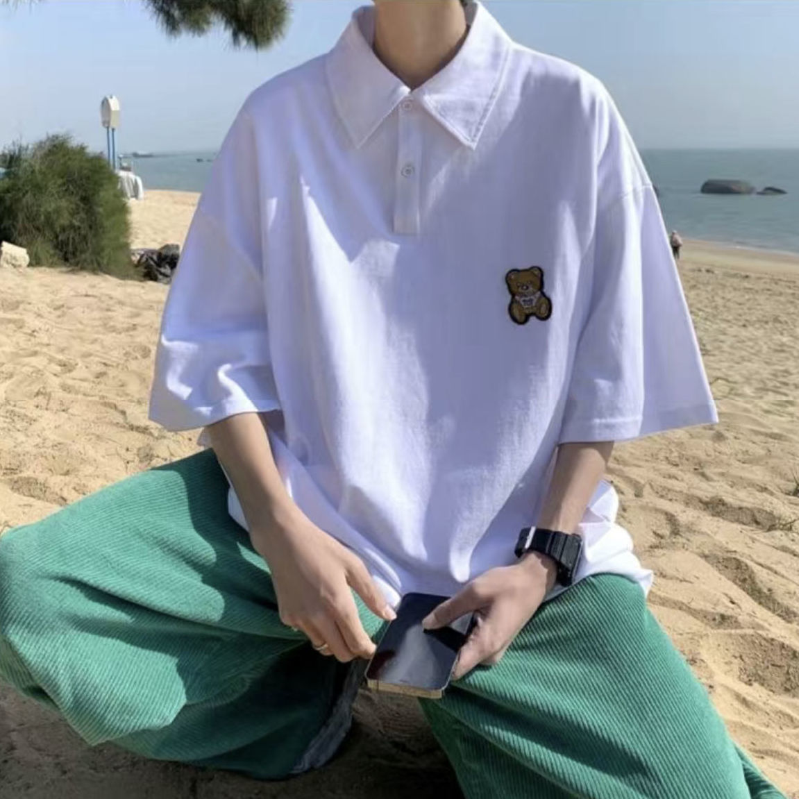 Sanji Cardin 100% cotton POLO shirt short-sleeved T-shirt men's summer loose five-quarter sleeves ins Hong Kong style lapel top