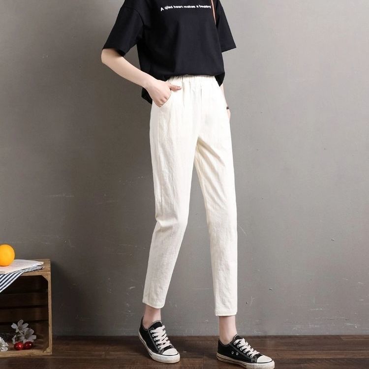 Ice silk cotton hemp  summer high waist thin cropped pants for women loose and versatile trend casual Leggings