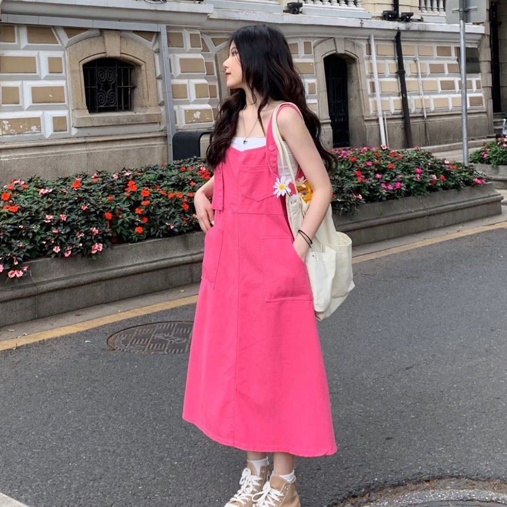 Candy color big skirt with suspenders skirt women's spring and autumn summer loose lazy style all-match fashion mid-length dress trendy