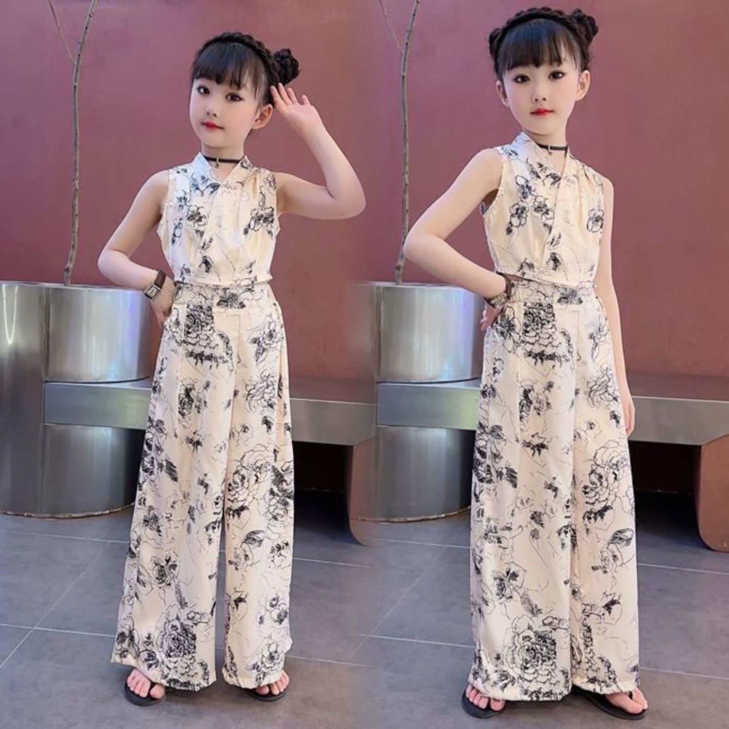 Girls' clothing summer new design high-end middle and large children's French temperament tops and trousers suits little girls summer clothing
