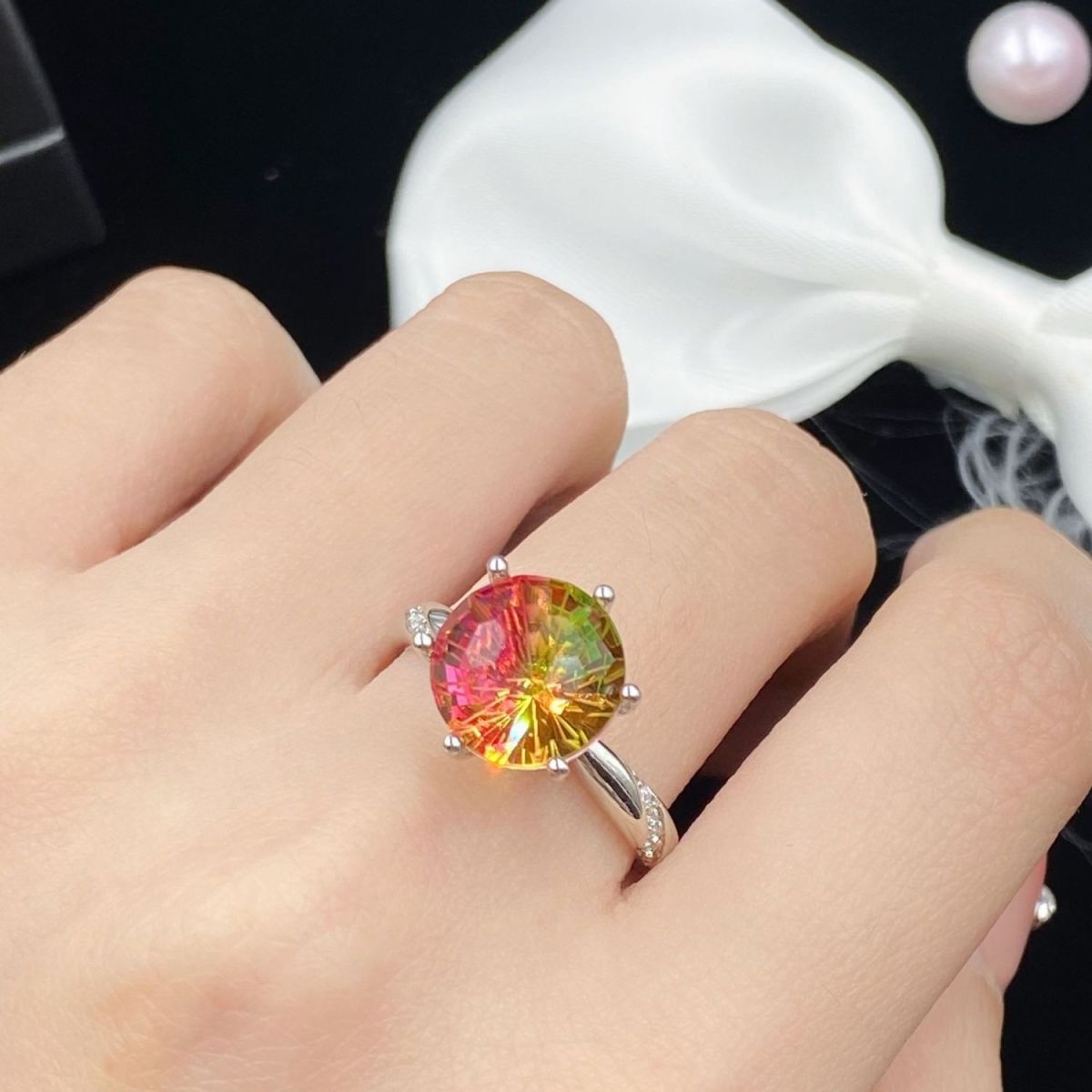 Bague tendance en argent S925, ornée d'une tourmaline colorée en forme de pastèque, inspirée des célébrités d'Internet. Cadeau idéal pour femme._voghion.com