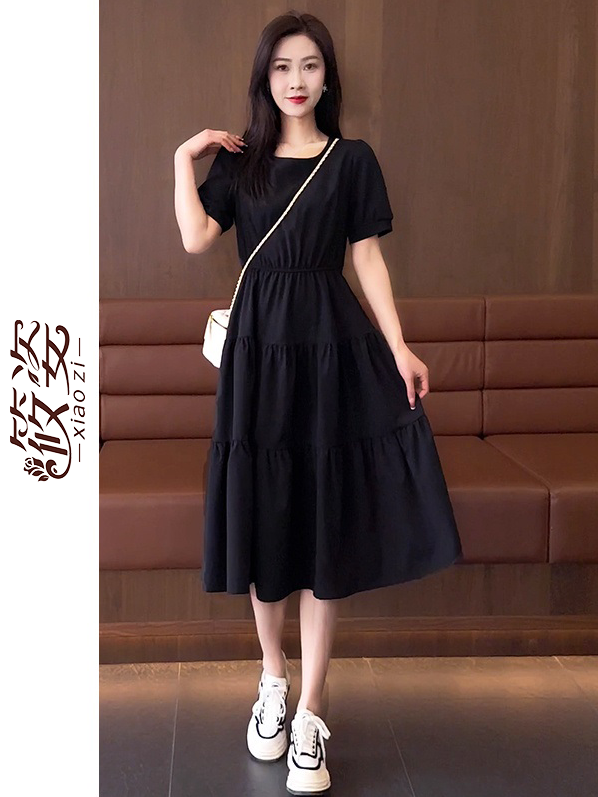 Xiaozi short-sleeved dress women's mid-length  new temperament slim waist fashion high waist loose casual skirt