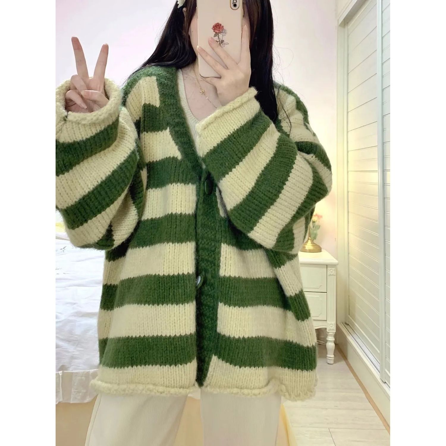 春秋學院風甜美條紋V領開衫針織毛衣女學生韓版寬鬆顯瘦上衣外套