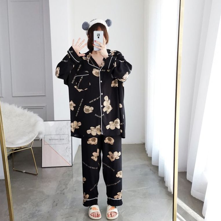 Large size fat mm2-300 catties cartoon cardigan pajamas women thin section long-sleeved trousers loose casual suit home service