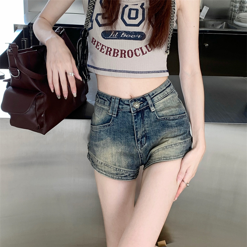 夏季超短褲高腰直筒a字褲子做舊美式辣妹熱褲闊腿復古牛仔褲女裝