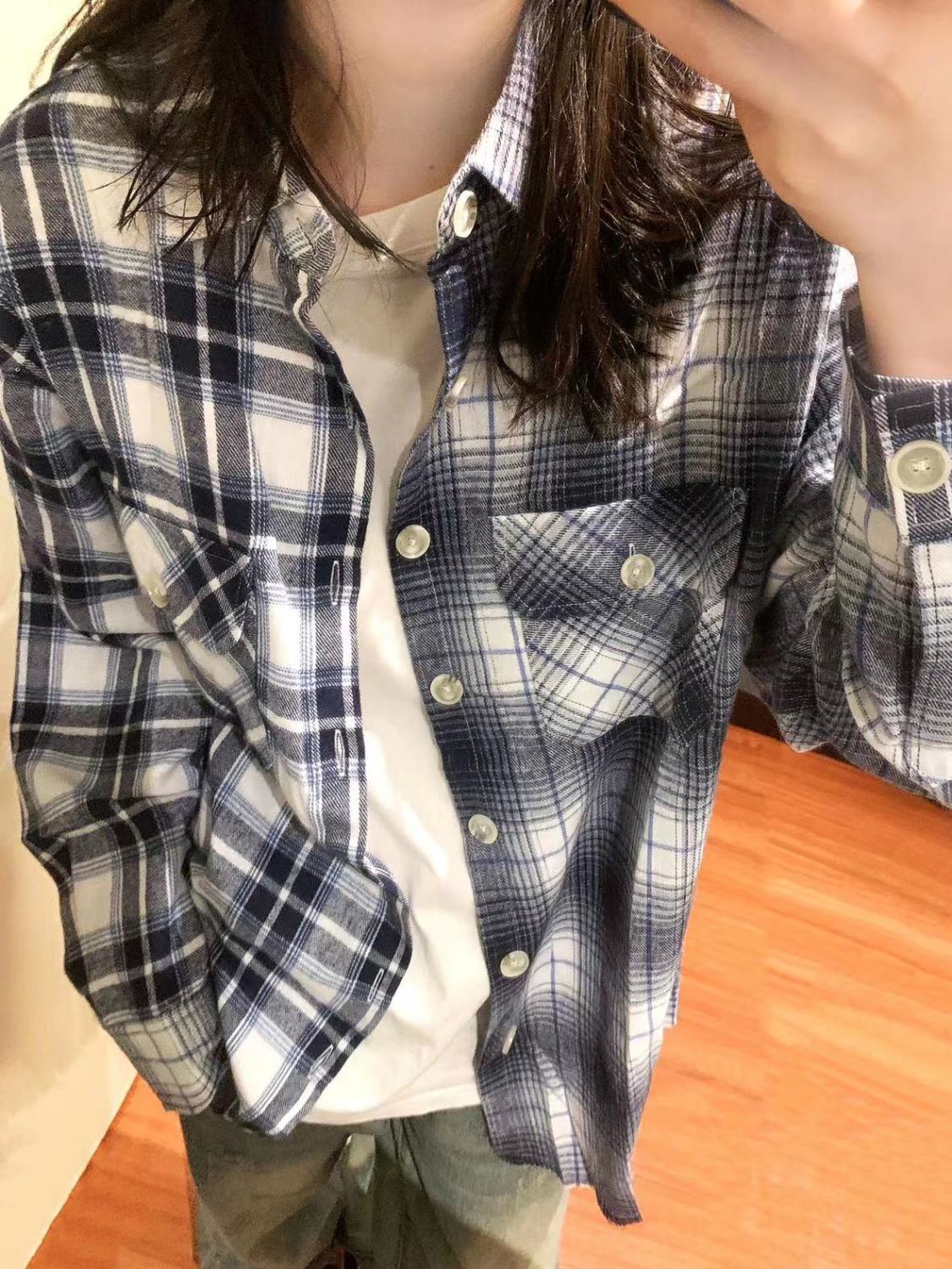 早秋2023新款森系藍青色格紋襯衫女寬鬆休閒顯瘦情侶款襯衣外穿潮