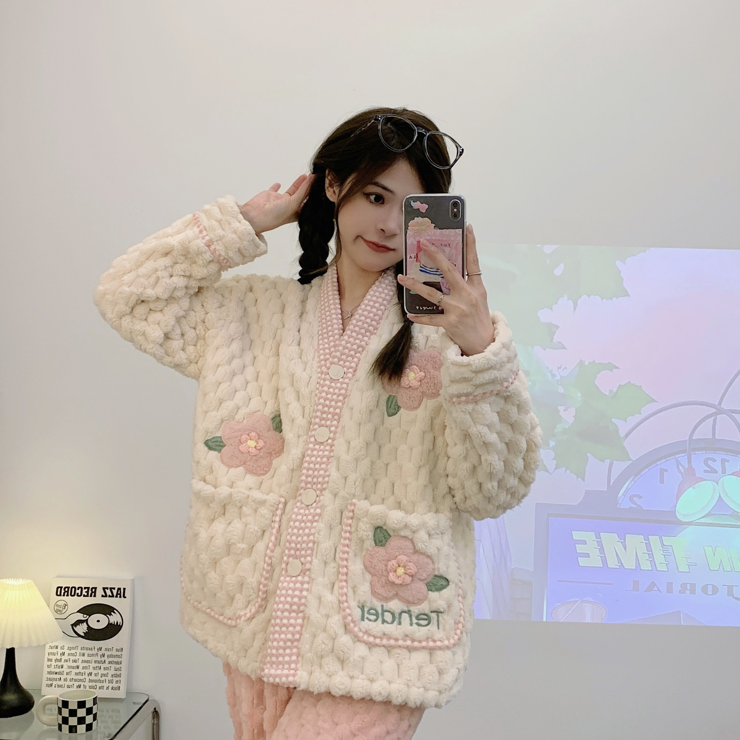 日系甜美珊瑚絨睡衣女冬季加厚加絨小香風少女感可外穿家居服套裝