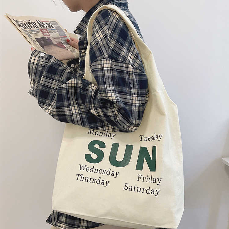 2022新款帆布包ins字母百搭單肩包學生手提包大容量手提袋書包夏