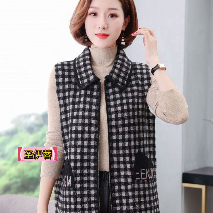  early autumn new fashion large grid vest 2201 style lapel sleeveless zipper large size loose elastic mother dress