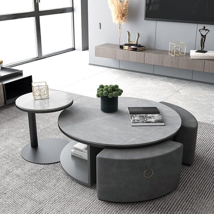 意式岩板圆形茶几组合大小圆边几客厅小户型电视柜轻奢简约圆茶几