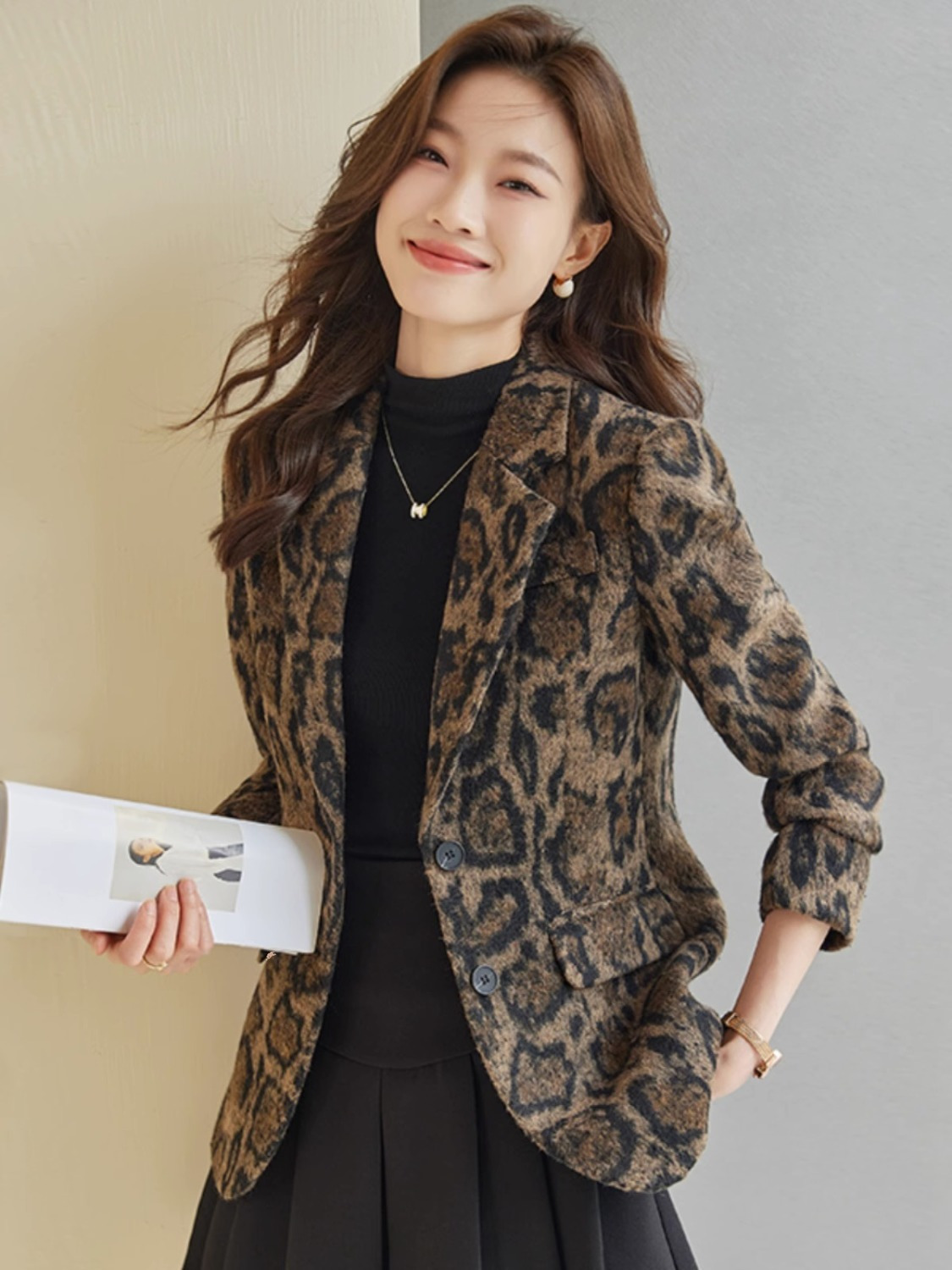 Leopard print woolen blazer women's autumn and winter 2023 new retro fashion temperament high-end street-level women's suit