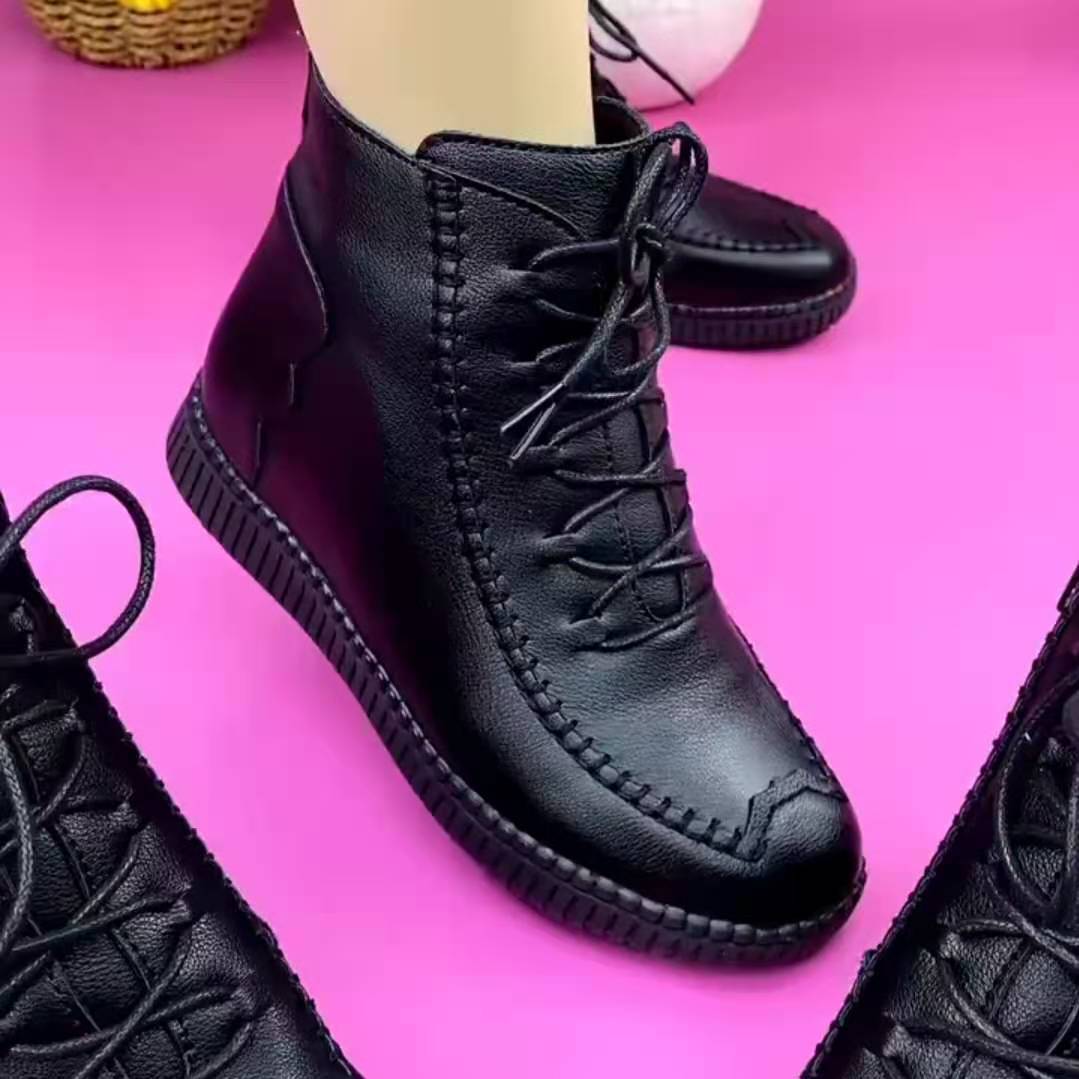 Leather mother shoes plus velvet cotton shoes flat non-slip warm boots side zipper middle-aged all-match leather boots Martin boots