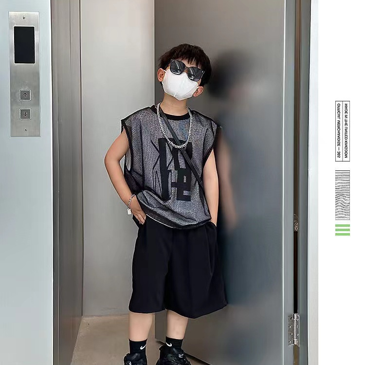 男童無袖背心套裝新款夏季兒童穿搭假兩件短袖男孩帥氣運動短褲潮