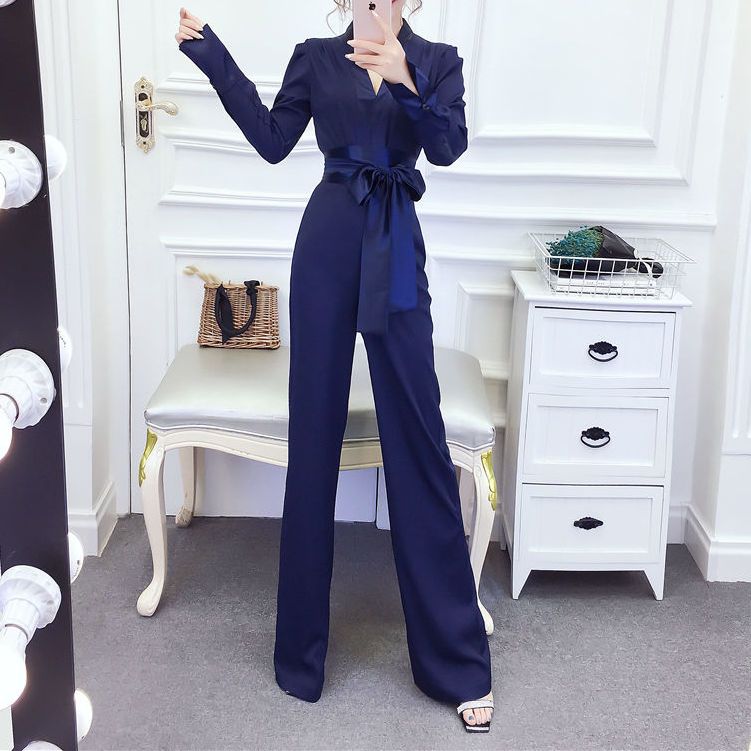 2023 spring new Korean version celebrity temperament fashion black strap V-neck long-sleeved drape one-piece wide-leg pants tide