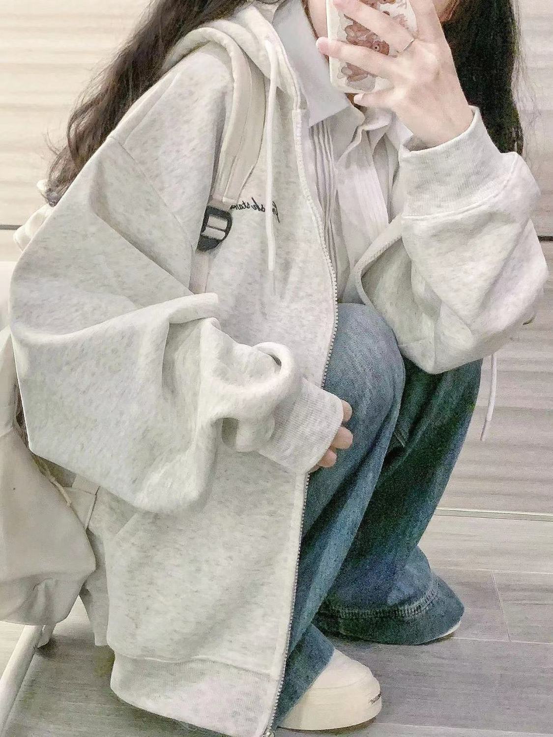 2023春秋季新款花灰色連帽衛衣女寬鬆休閒顯瘦小個子拉鏈外套開衫