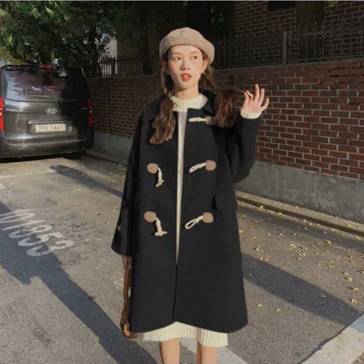 Horn button woolen coat women's mid-length Hepburn style  spring, autumn and winter new small woolen coat thick