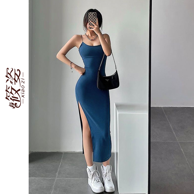 Xiaozi European and American self-cultivation slimming hot girl high slit long section pure desire bag hip French strap dress  new