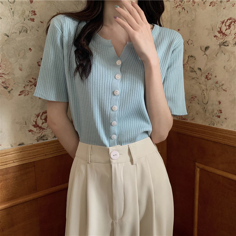 针织开衫女夏季2022新款韩版宽松百搭设计感小众显瘦V领短袖上衣
