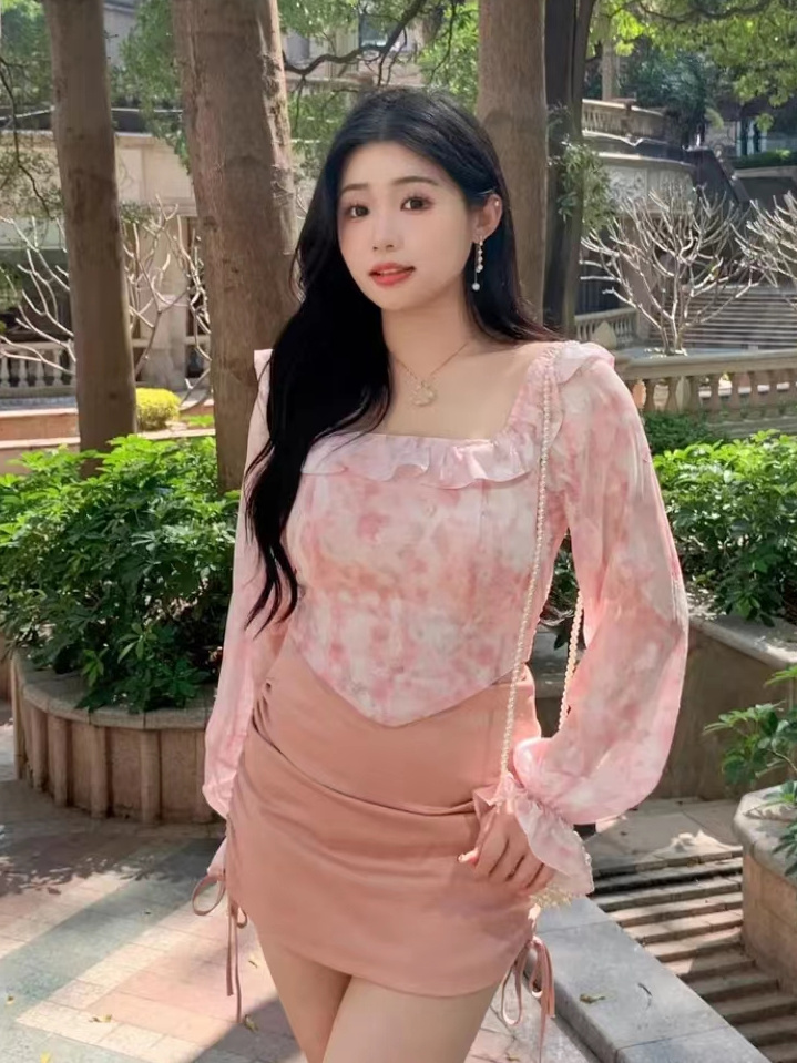 大碼女裝2023春季溫柔風法式碎花氣質收腰襯衫上衣胖mm半身裙套裝