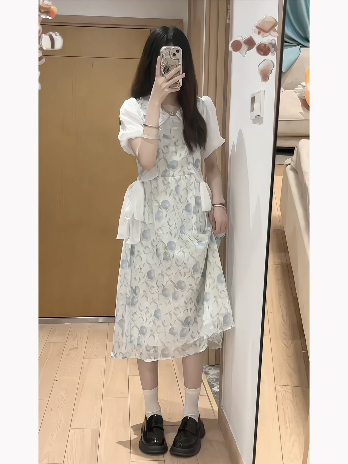 College style fake two-piece doll collar floral dress girl student Japanese sweet tie waist waist age reduction A-line skirt