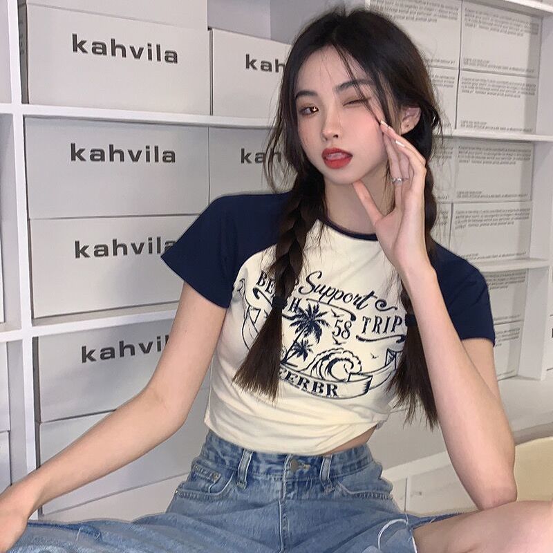 y2k Korean short-sleeved waist tight t-shirt women show figure summer student hot girl high street all-match bm wind short top