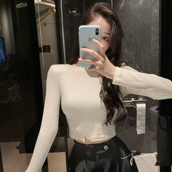 Fashion design sense slit tight short section navel t-shirt female students spring and autumn long sleeve inner bottoming shirt winter