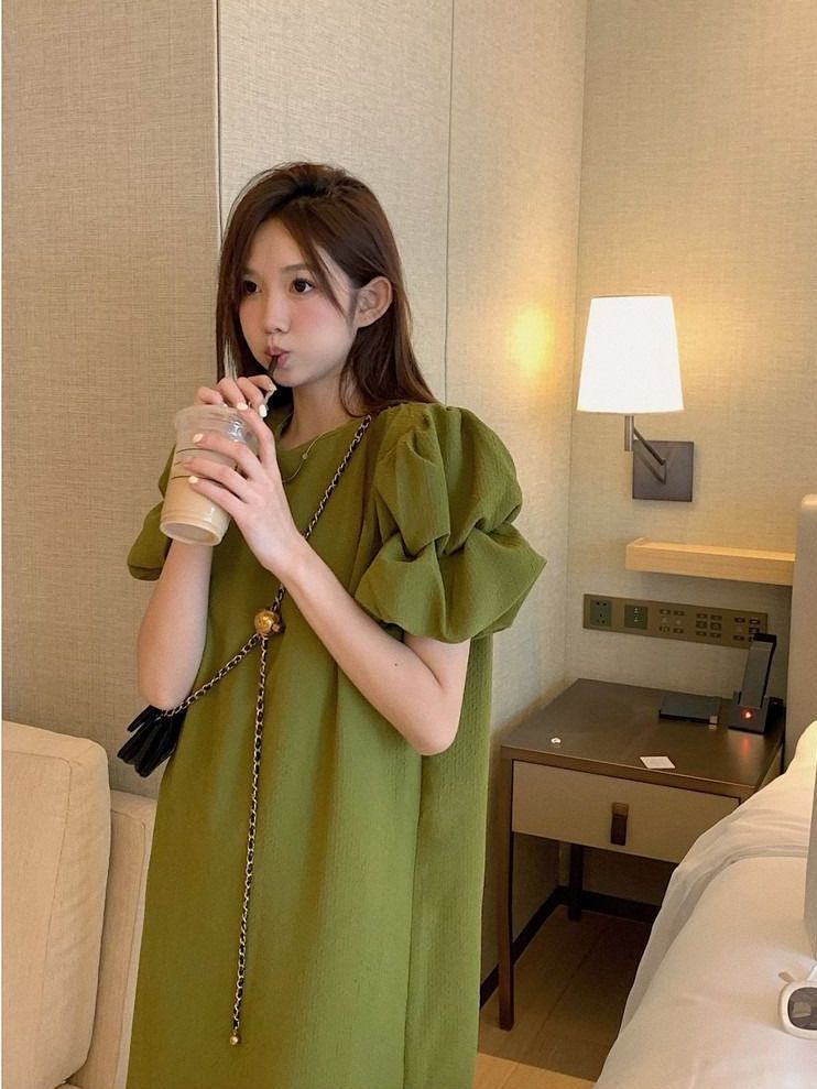 Summer casual loose lazy wind green dress new Chinese style to cover belly meat and look thin and long straight straight long skirt