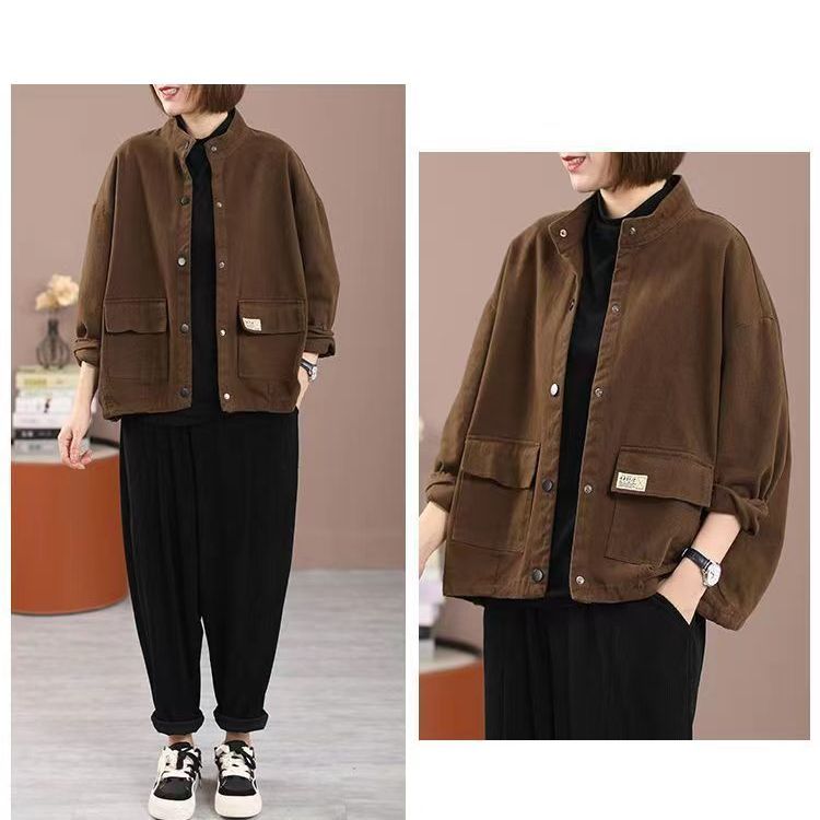 Pure cotton stand collar workwear women's casual jacket  new spring, autumn and winter loose large size short cardigan jacket