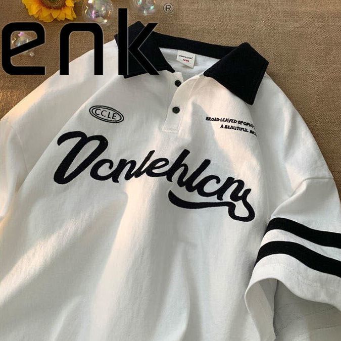 ENK撞色翻領短袖t恤男女chic港味半袖設計感小眾寬鬆大碼情侶上衣