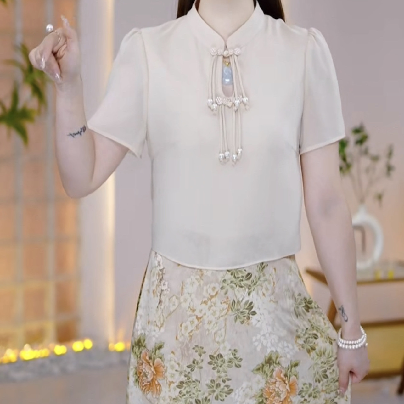 高檔冰絲緞假兩件連衣裙2023新款女裝新中式風媽媽裝遮肉顯瘦裙子