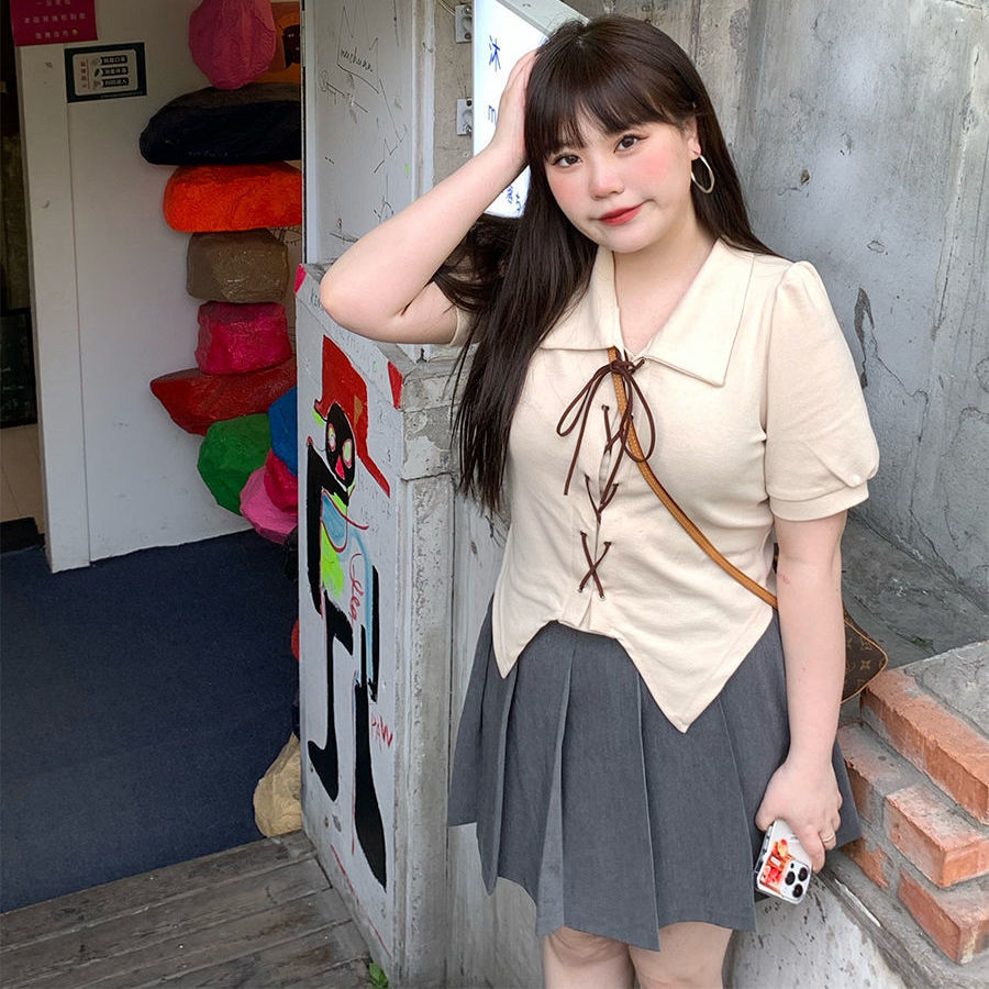 大碼女裝2022夏季辣妹純欲風T恤抽繩設計感上衣女胖mm百褶裙套裝