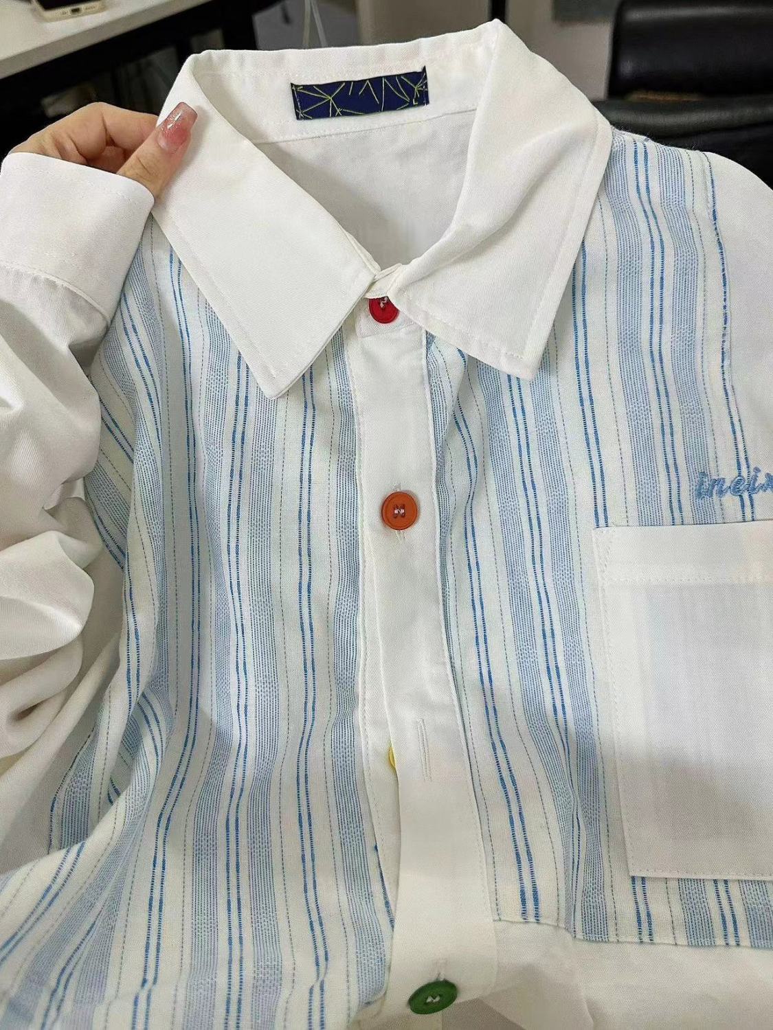 2023新款復古高級感刺繡藍色條紋襯衫短袖女寬鬆百搭顯瘦襯衣外穿