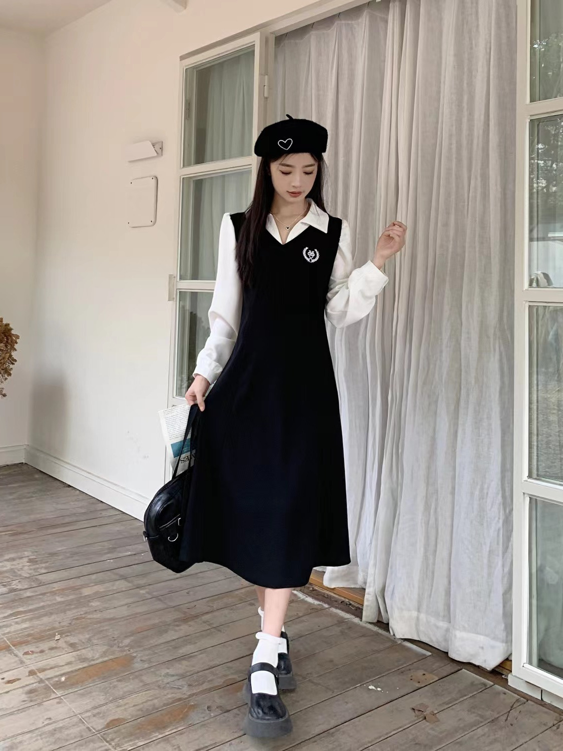 Plus size women's fat mm black college style dress women's autumn 2023 new slim mid-length skirt fake two pieces