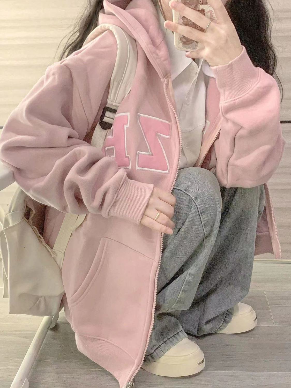 韓系甜美藕粉色連帽衛衣女春秋季新款LOGO刺繡拉鏈外套開衫上衣服