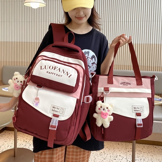 ins工裝風雙肩包女日系原宿復古大容量旅行背包男學生撞色書包潮